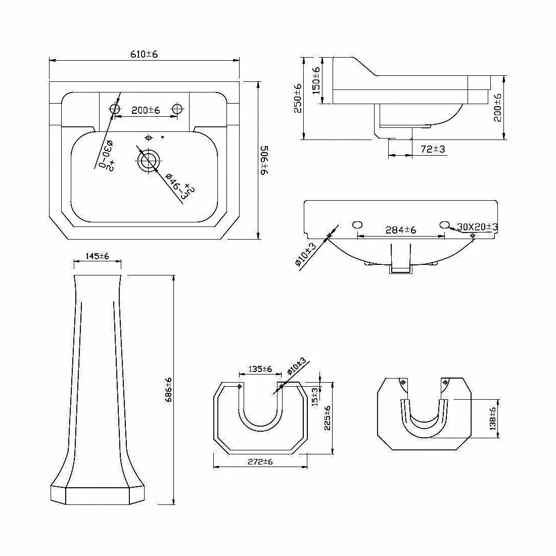 Verona Holborn Basin With Full Pedestal 610mm Wide - 2 Tap Hole 3 Verona Holborn Basin With Full Pedestal 610mm Wide - 2 Tap Hole