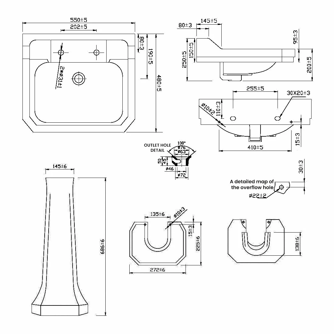 Verona Holborn Basin With Full Pedestal 560mm Wide - 2 Tap Hole 3 Verona Holborn Basin With Full Pedestal 560mm Wide - 2 Tap Hole