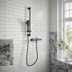 Villeroy & Boch Universal Thermostatic Square Bar Mixer Shower With Shower Riser Kit - Matt Black